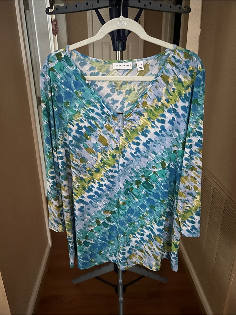 Susan Graver Teal Blue Green Abstract V-Neck Tunic
